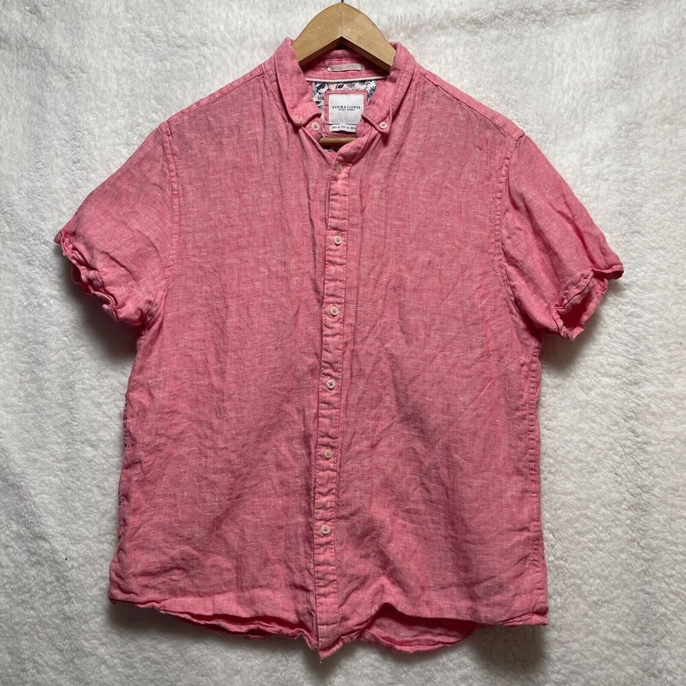 Denim & Flower Medium Ricky Singh Linen Pink Mens Short Sleeve Button Up Shirt